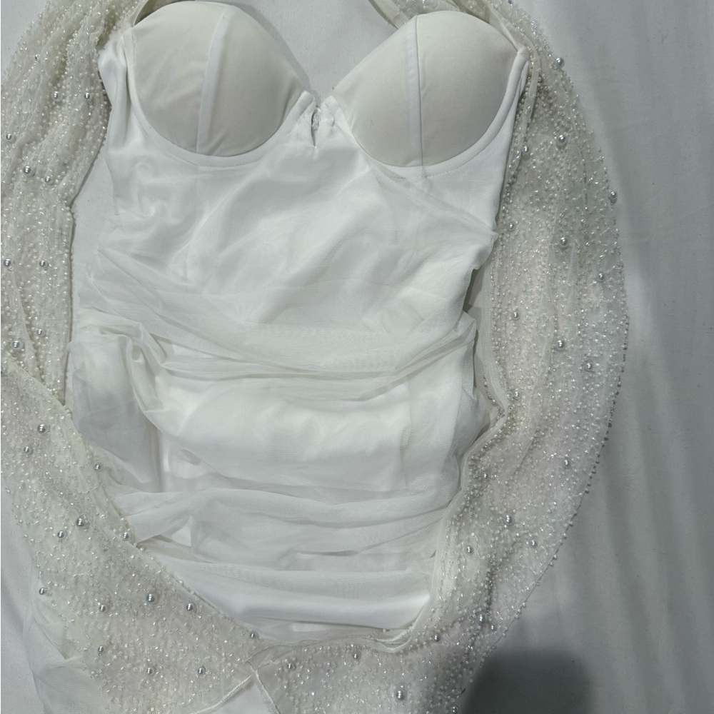 Elegant White Strapless Dress with Beaded Shawl